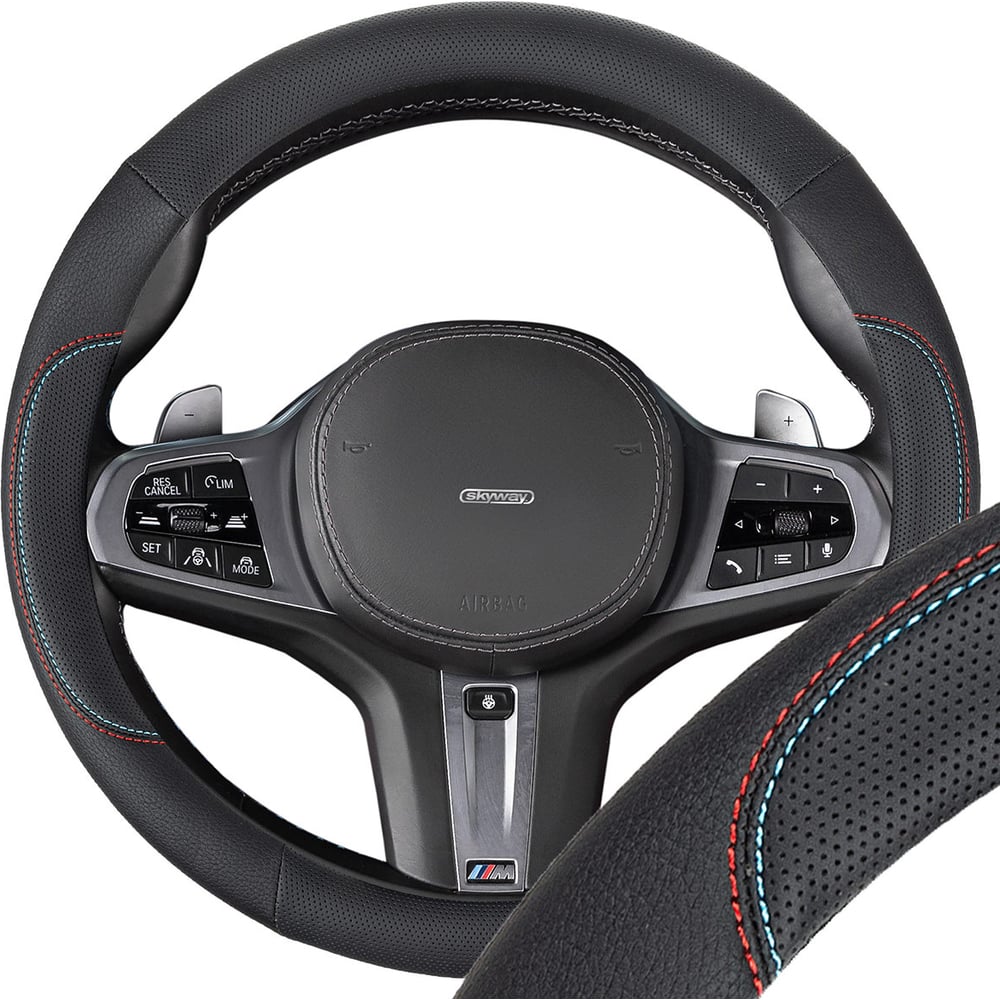 Оплетка SKYWAY  экокожа М Design Bavaria-2 Черная,красная/голубая строчка